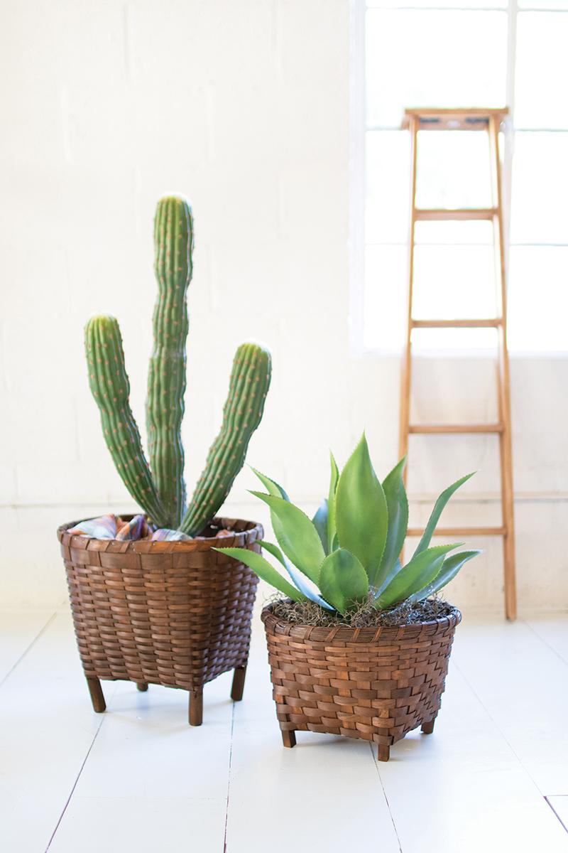 Set of 2 Round Woven Brown Baskets with Feet