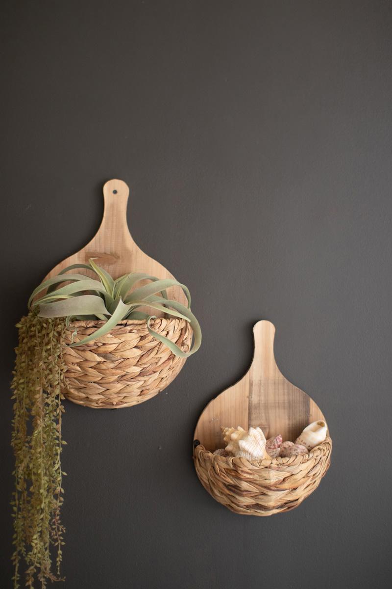 Set of 2 Seagrass and Wood Wall Pockets