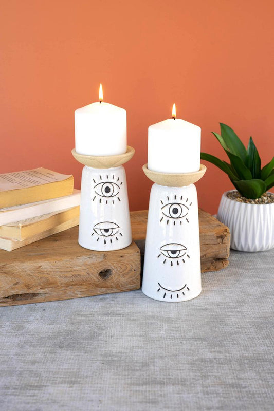 Set of 2 Ceramic Candle Holders with Eyes Detail