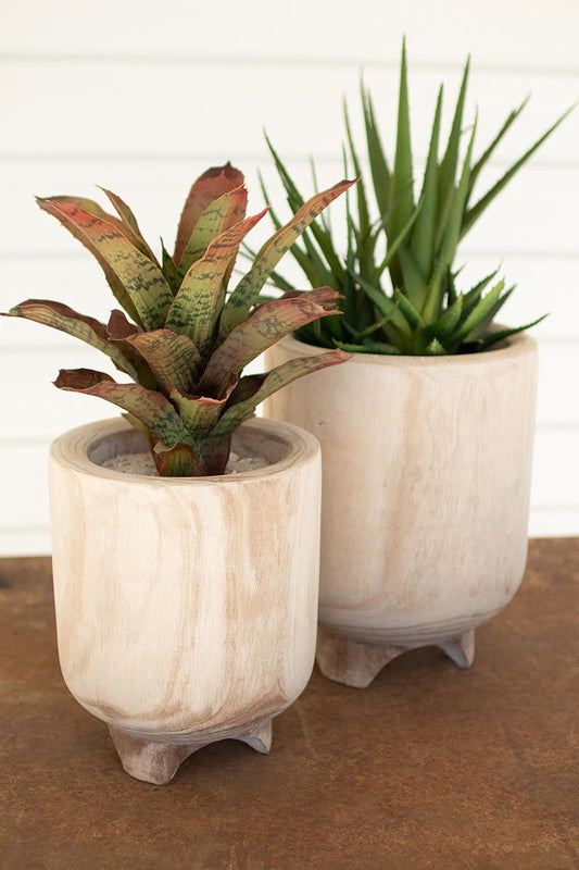 Set of 2 Hand-Carved Wooden Planters with Feet