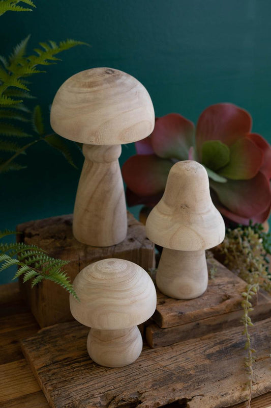 Set of 3 Natural Wood Mushrooms