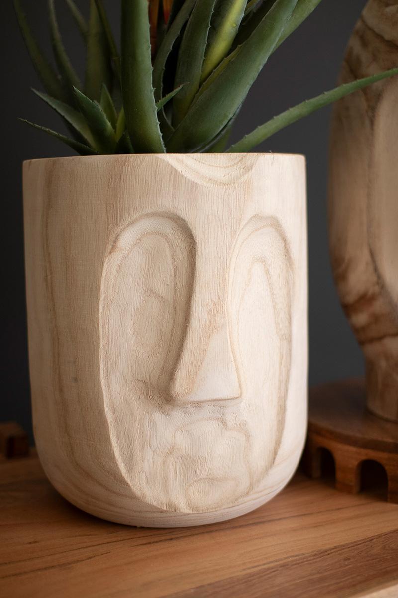 Set of 2 Wood Hand-Carved Face Planters