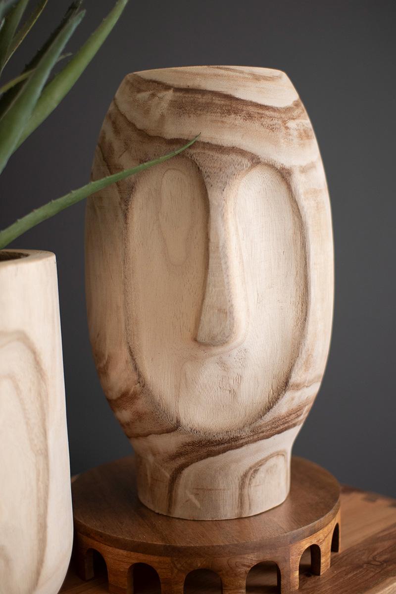 Set of 2 Wood Hand-Carved Face Planters