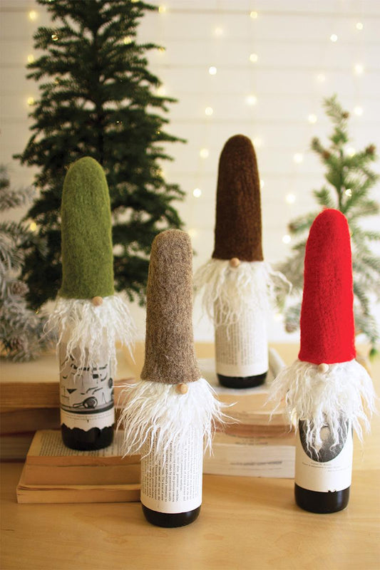 Set of 4 Felt Santa Wine Toppers with Wispy Beards