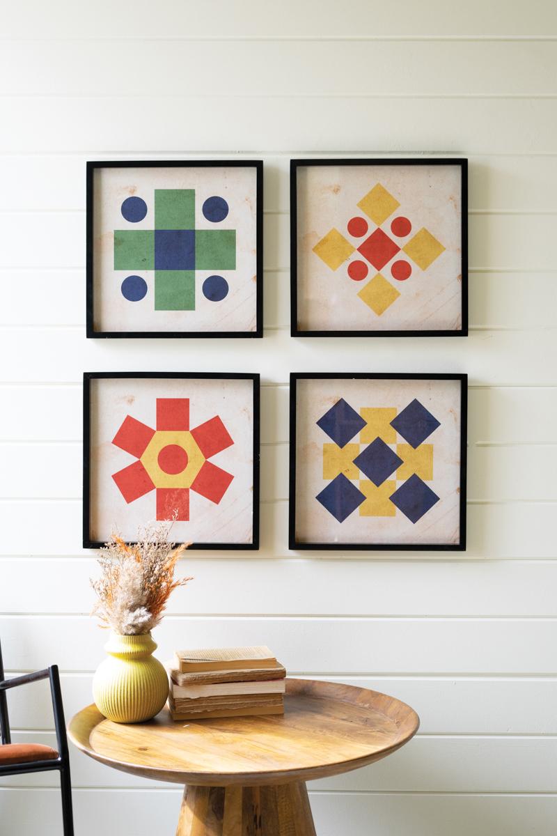 Set of 4 Colorful Framed Geometric Prints Under Glass