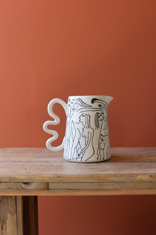 Ceramic Abstract Figure Pitcher with Squiggle Handle