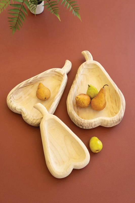 Set of 3 Pear-Shaped Carved Wood Bowls