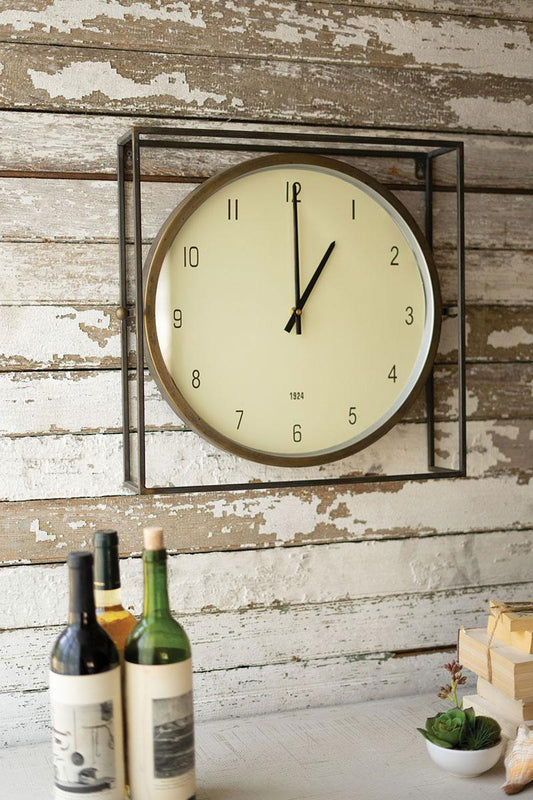 Round Clock with Square Metal Frame