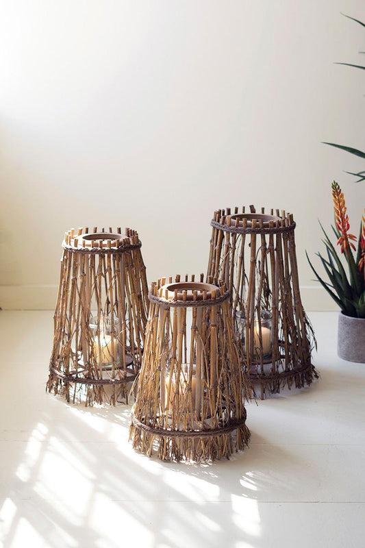 Set of 3 Natural Bamboo and Wood Lanterns