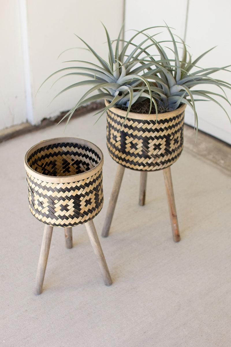 Set of 2 Woven Black & Natural Bamboo Plant Stands with Wood Legs