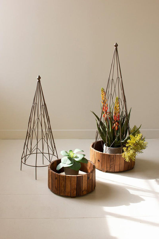 Set of 2 Metal Topiaries with Recycled Wood Bases