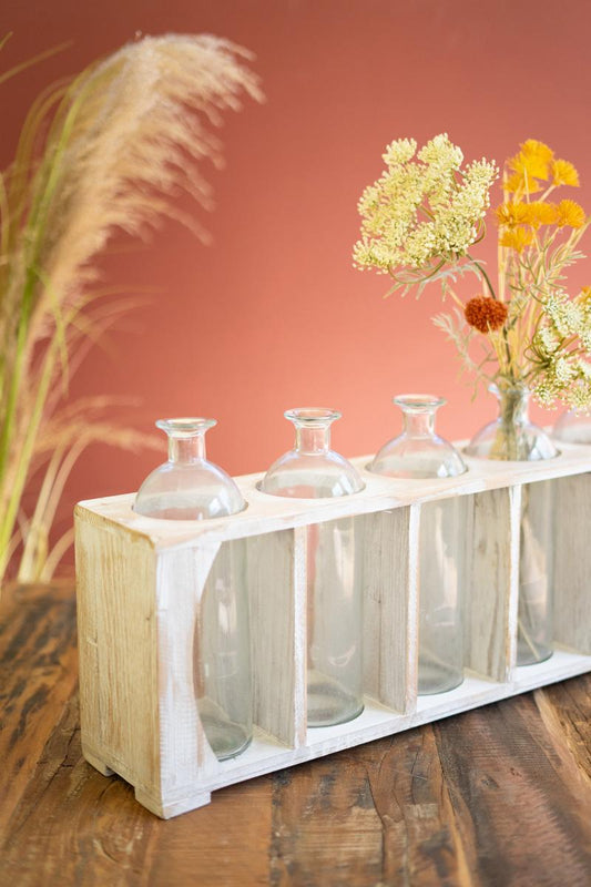 Five Glass Bud Vases in an Antique White Wooden Crate