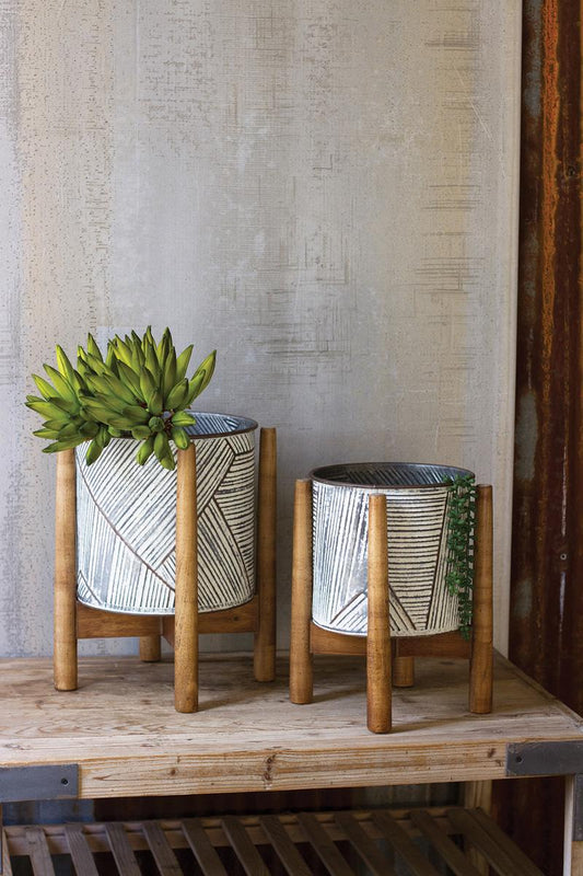 Set of 2 Pressed Tin Planters with Wooden Bases