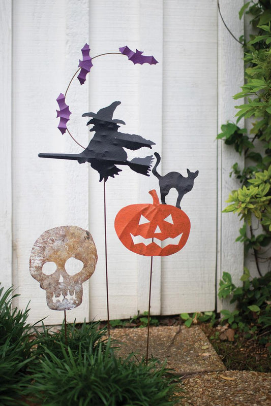 Set of 3 Painted Metal Witch, Skull and Pumpkin Stakes