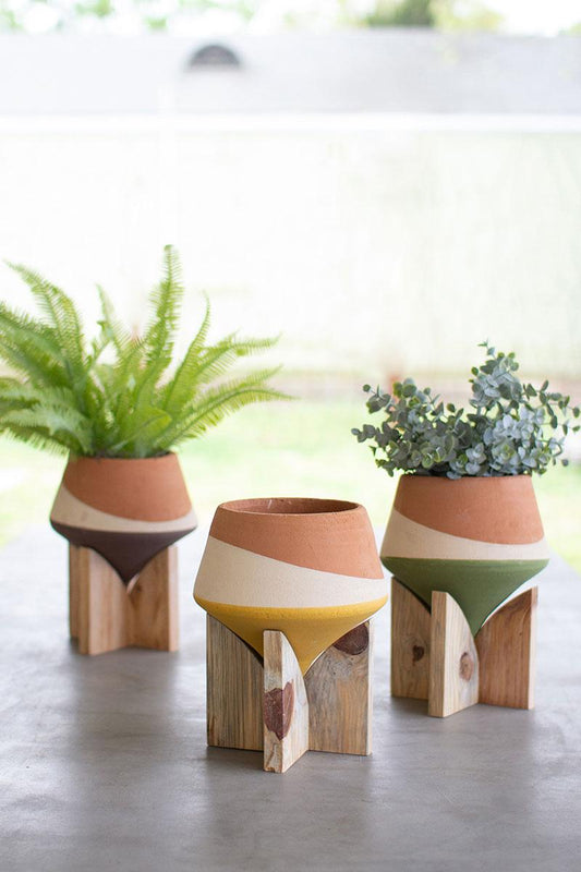 Set of 3 Double Dipped Clay Vases on Wood Bases