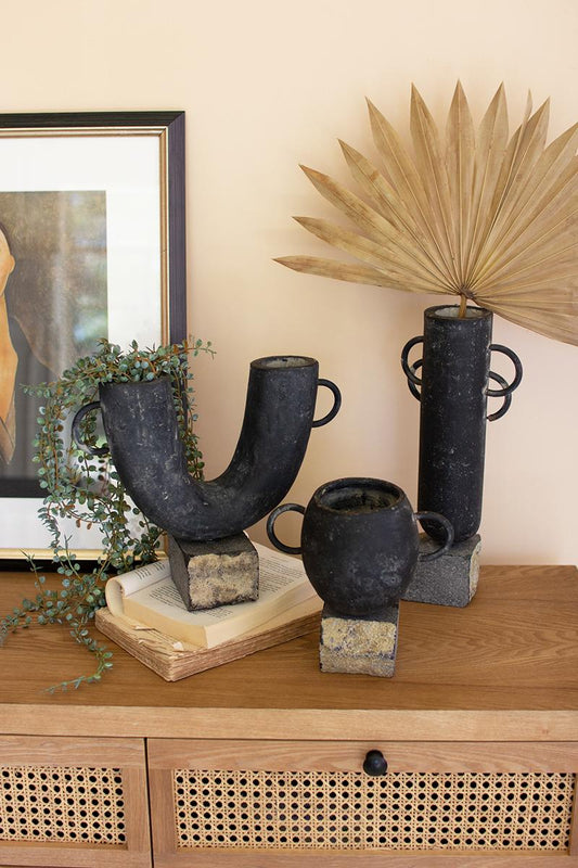 Set of 3 Black Modern Clay Vases on Rock Bases