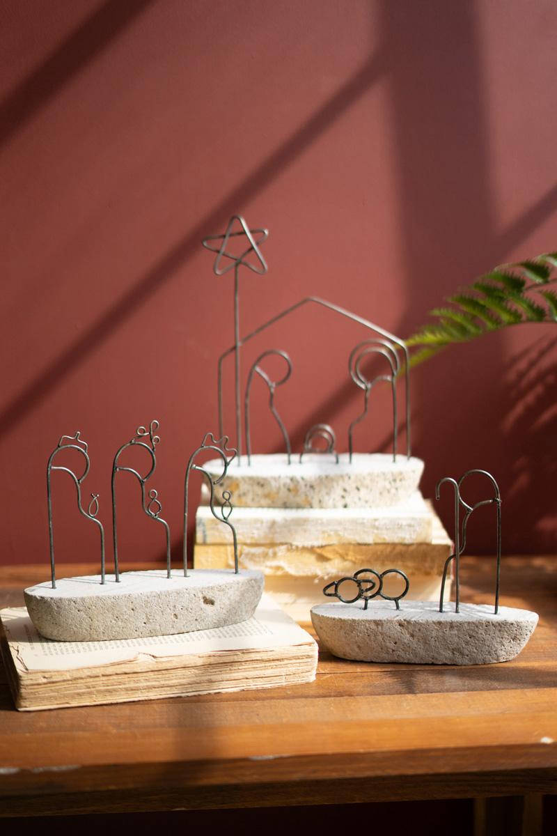 Set of 3 Wire Nativity Scene with River Rock Base