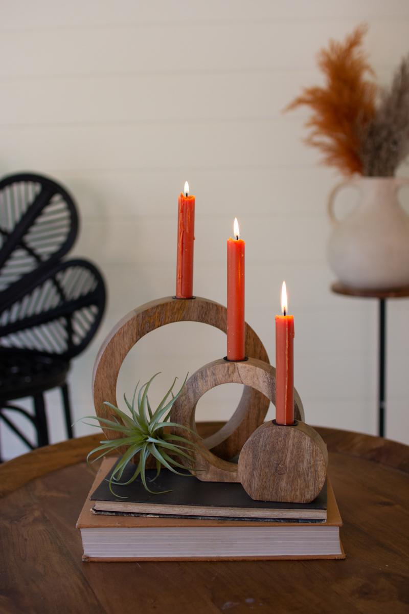 Set of 3 Circle Mango Wood Taper Candle Holders