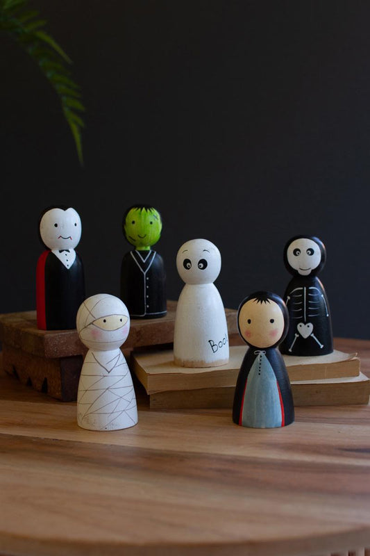 Set of 6 Painted Wood Halloween Family