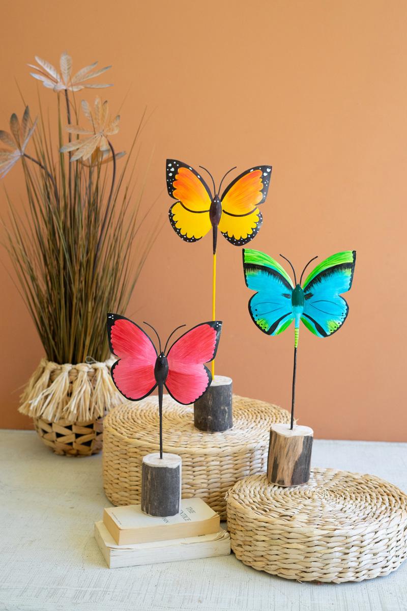 Set of 3 Painted Iron Butterflies on Wood Bases