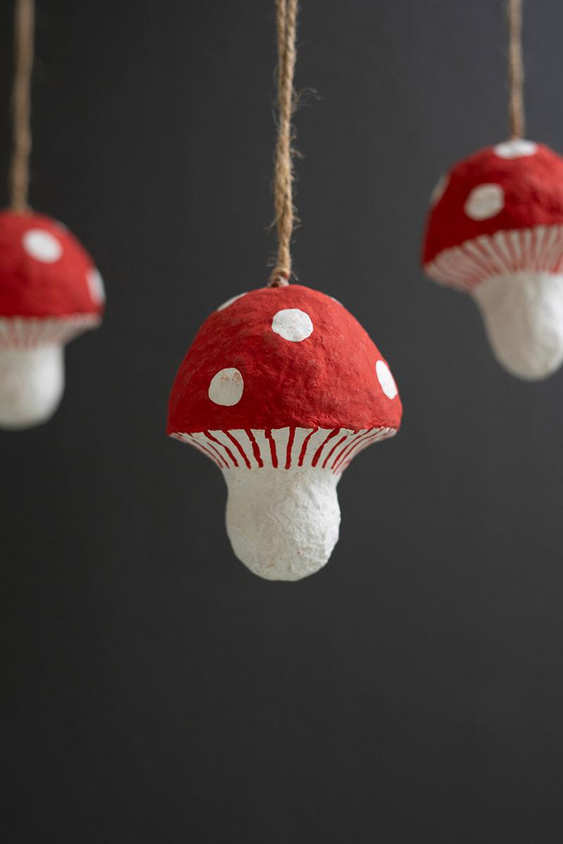 Set of 6 Paper Mache Mushroom Christmas Ornament