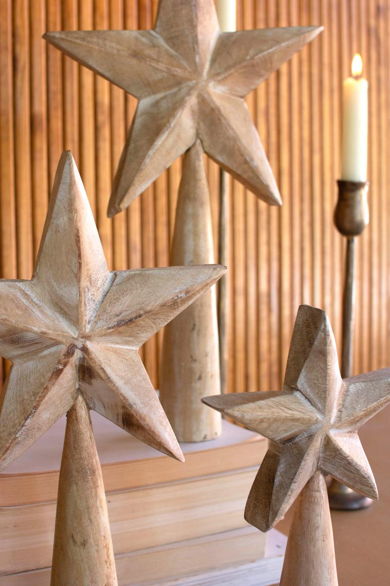 Set of 3 White-Wash Wooden Table Top Stars