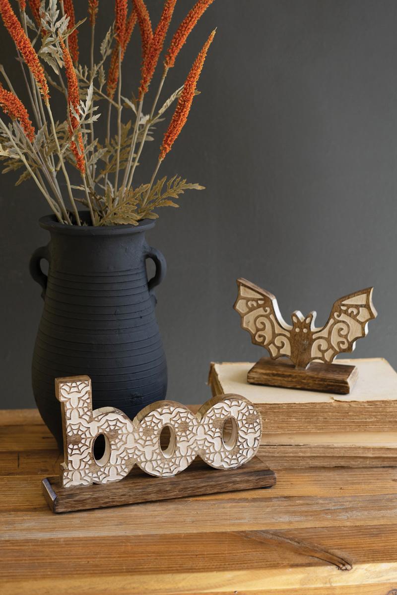 Set of 2 Carved Wooden Halloween Tabletop Boo and Bat